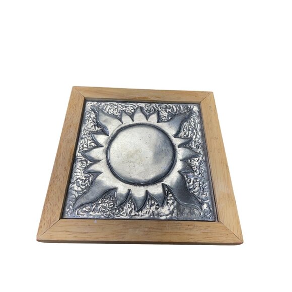 Decorative rubber Wood Framed silver metal sun design wall art decor 8x8x1 SKU 9 - Picture 1 of 11